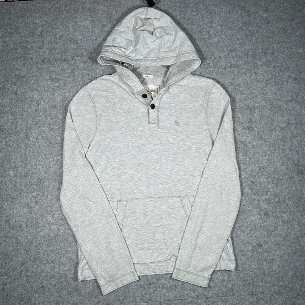 Abercrombie‎ & Fitch Hoodie Mens Small Grey Muscle Fit Henley Striped Pullover